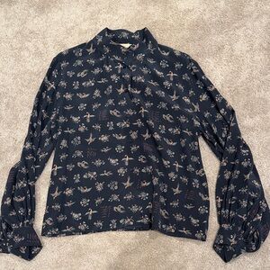 Floral/Bird Patterned dark grey silk Blouse